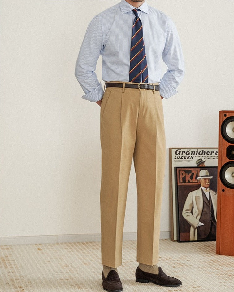 Men's Cotton Straight-Fit Trousers with Pleats
