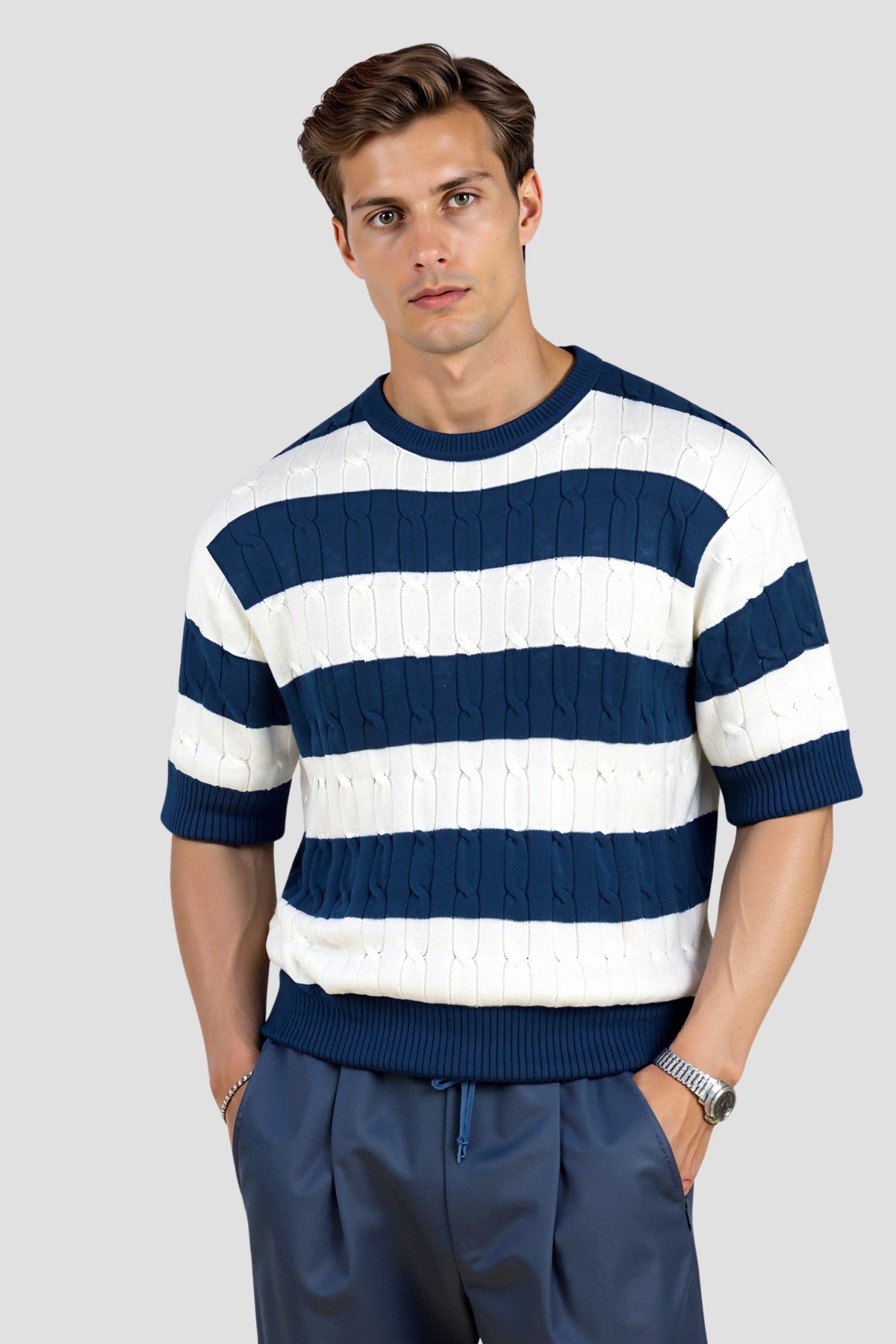 Men's Crew Neck Cable Knit Striped T-Shirt