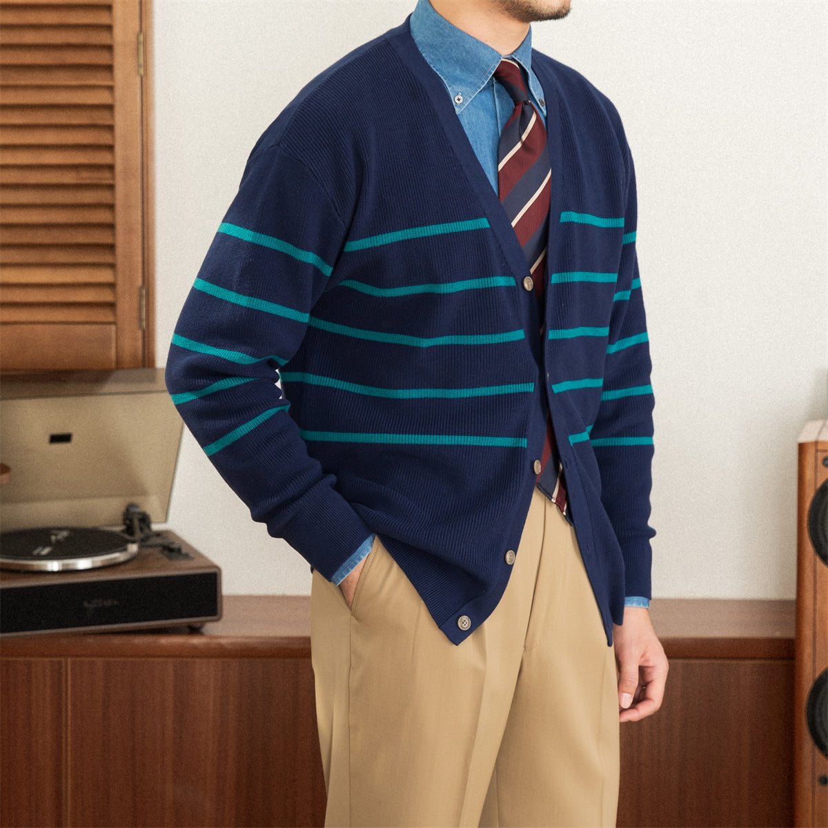 Men’s Striped Knitted Wool Blend Cardigan