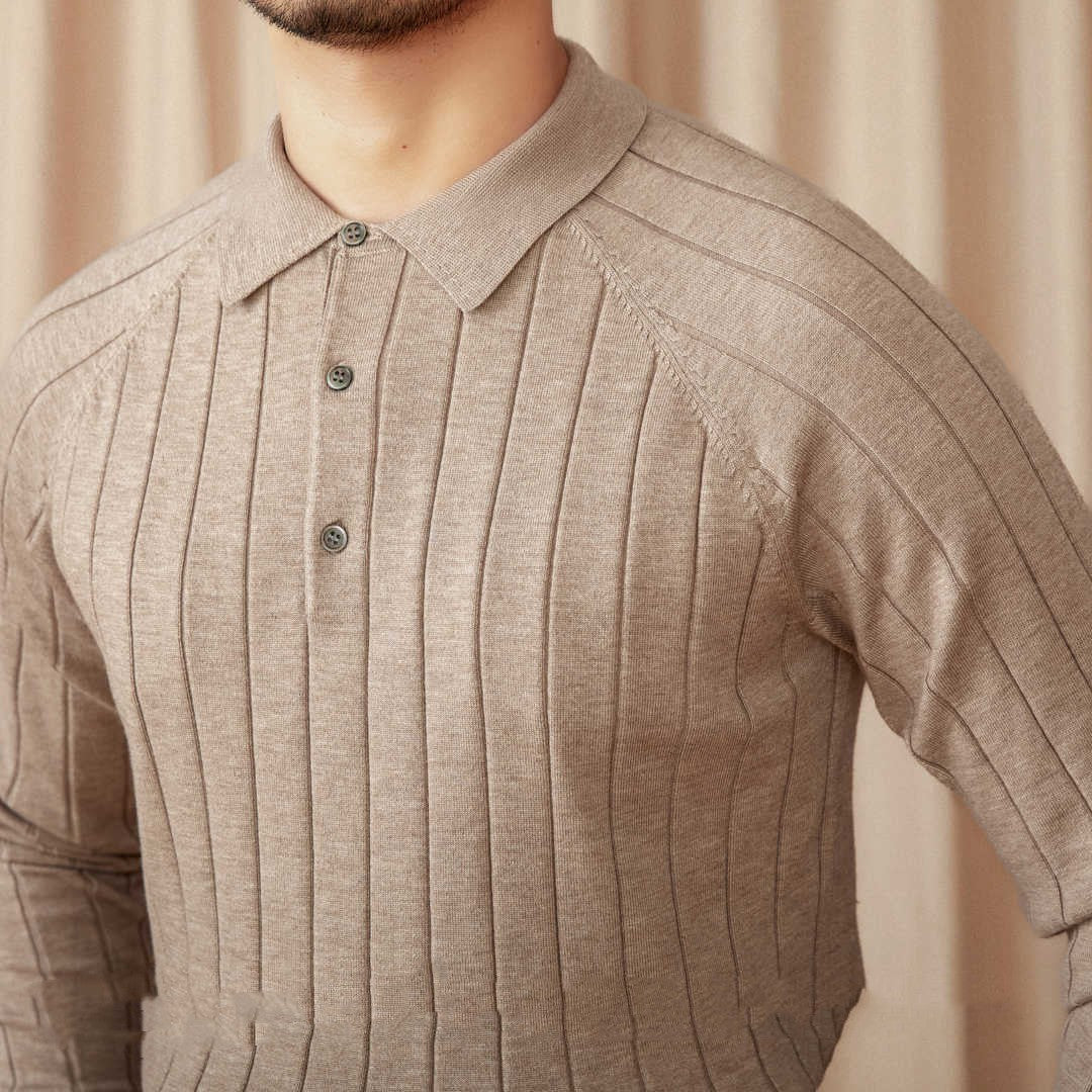 Men’s Pleated Wool Silk Blend Long Sleeve Polo Shirt