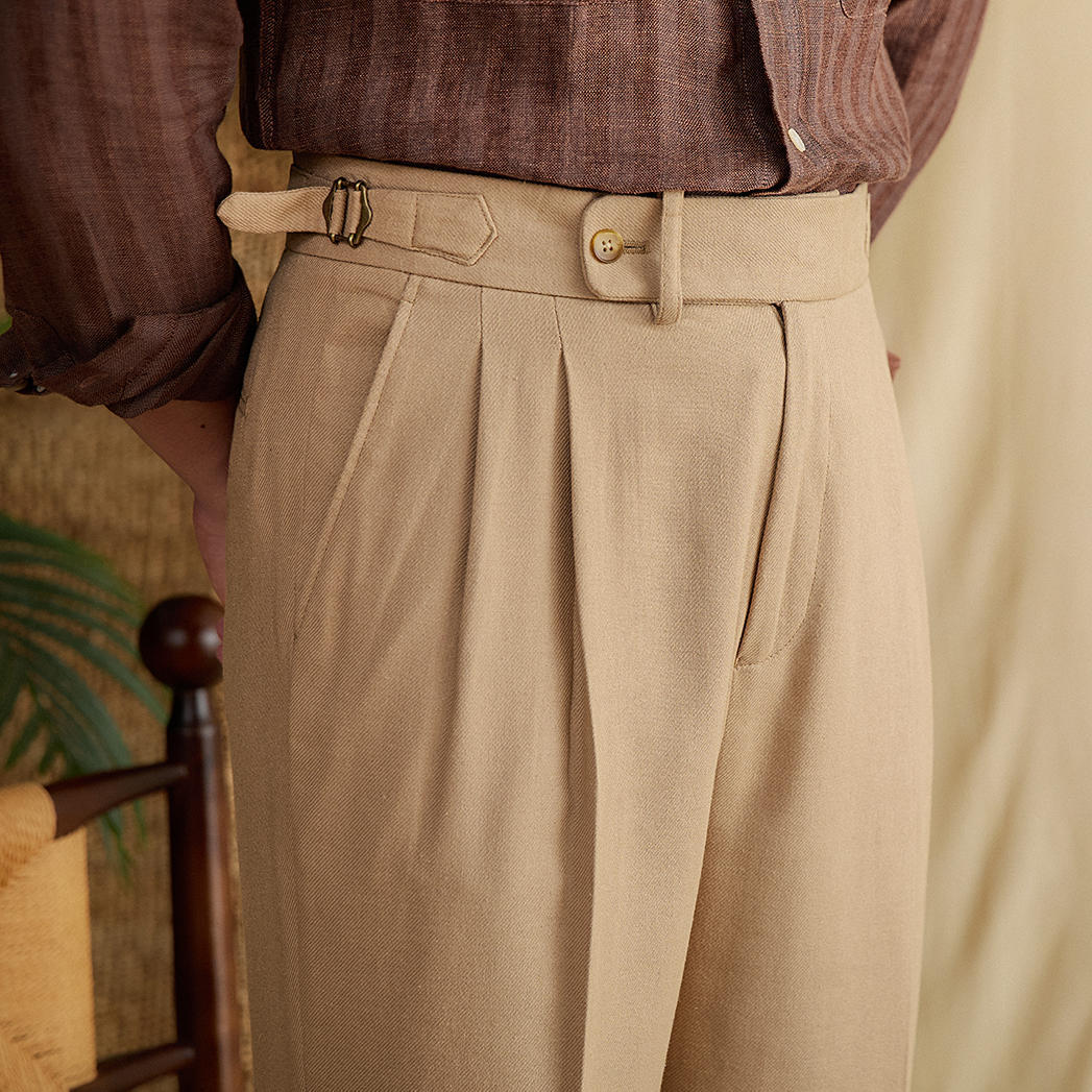 Men's Monaco Linen Double Pleated Straight Fit Trousers