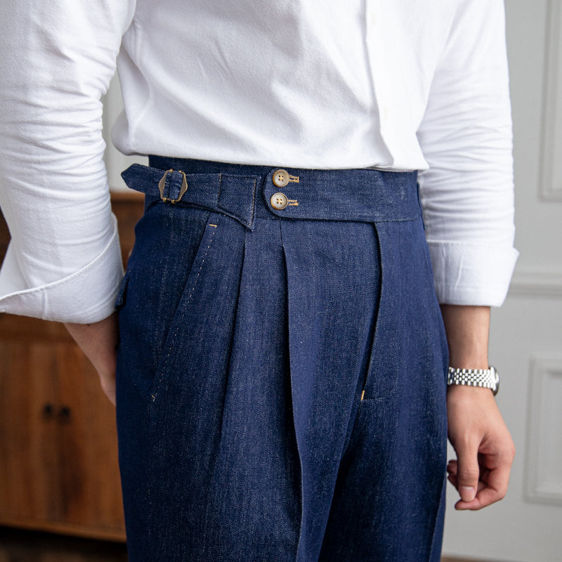 Men's Denim Workwear Trousers with Double Pleats