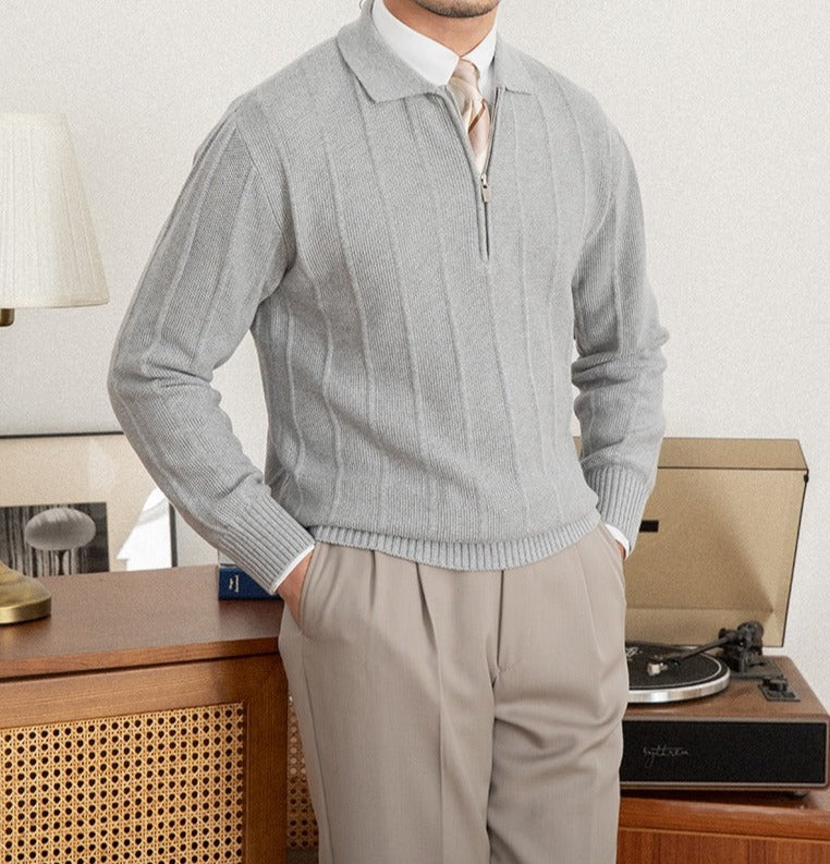 Men's Pleated Elegance Polo Half Zip Knitted Sweater