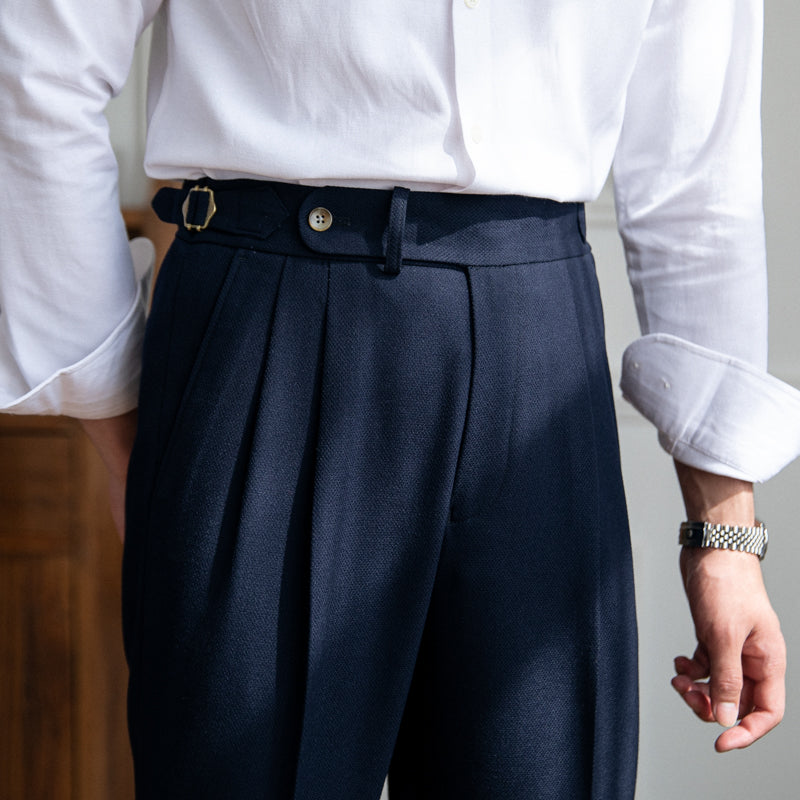 Men's Wool Blend Textured Trousers with Double Pleats
