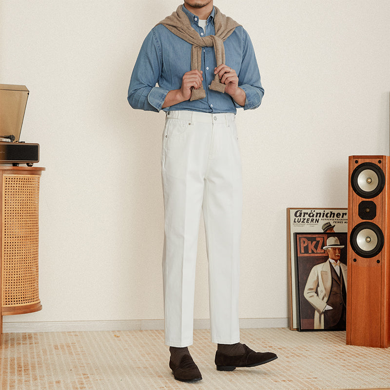 Men's Cotton Denim Trousers with Pleats