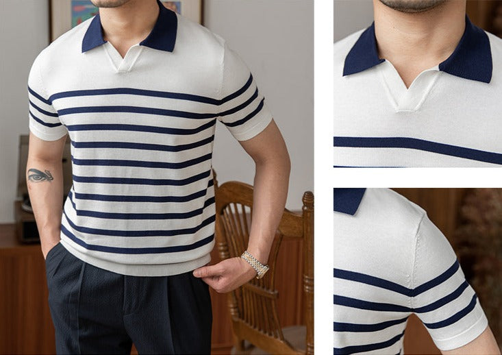 Men's Buttonless Striped Knitted Polo