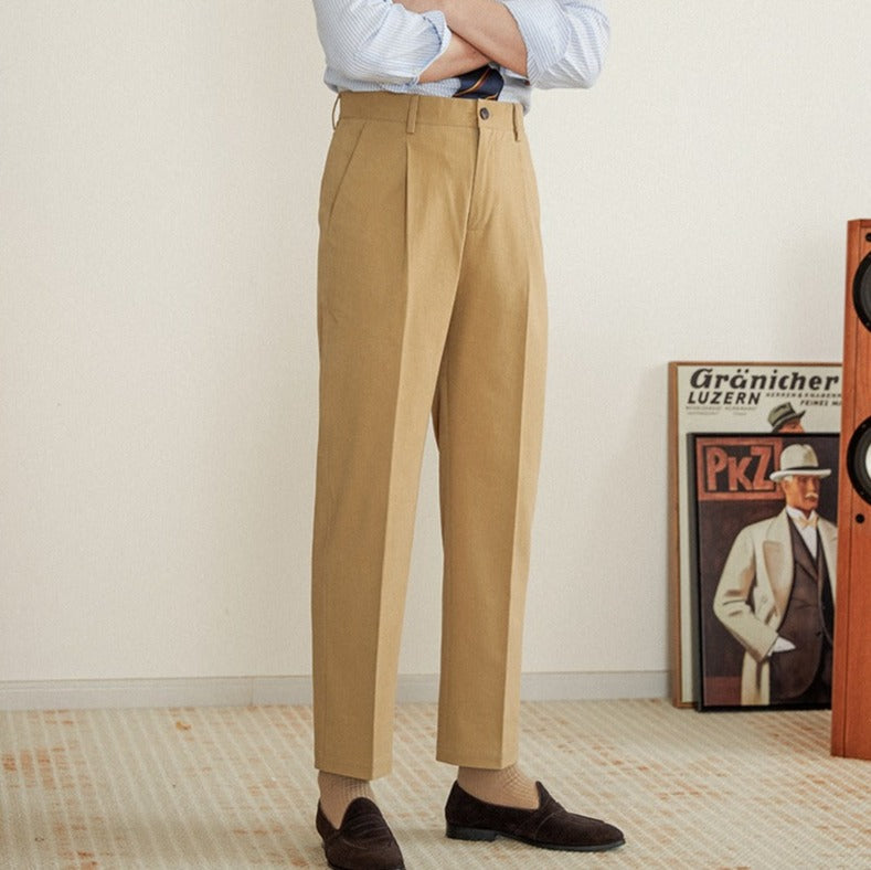 Men's Cotton Straight-Fit Trousers with Pleats