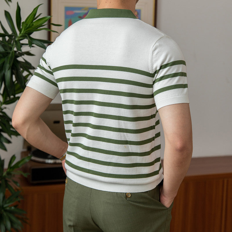 Men's Buttonless Striped Knitted Polo