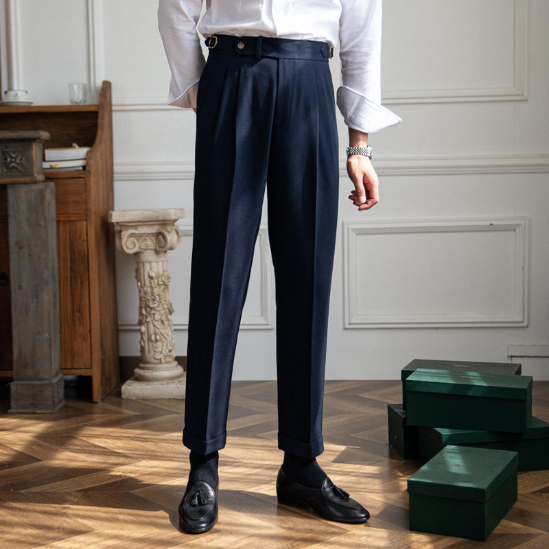 Men's Wool Blend Textured Trousers with Double Pleats
