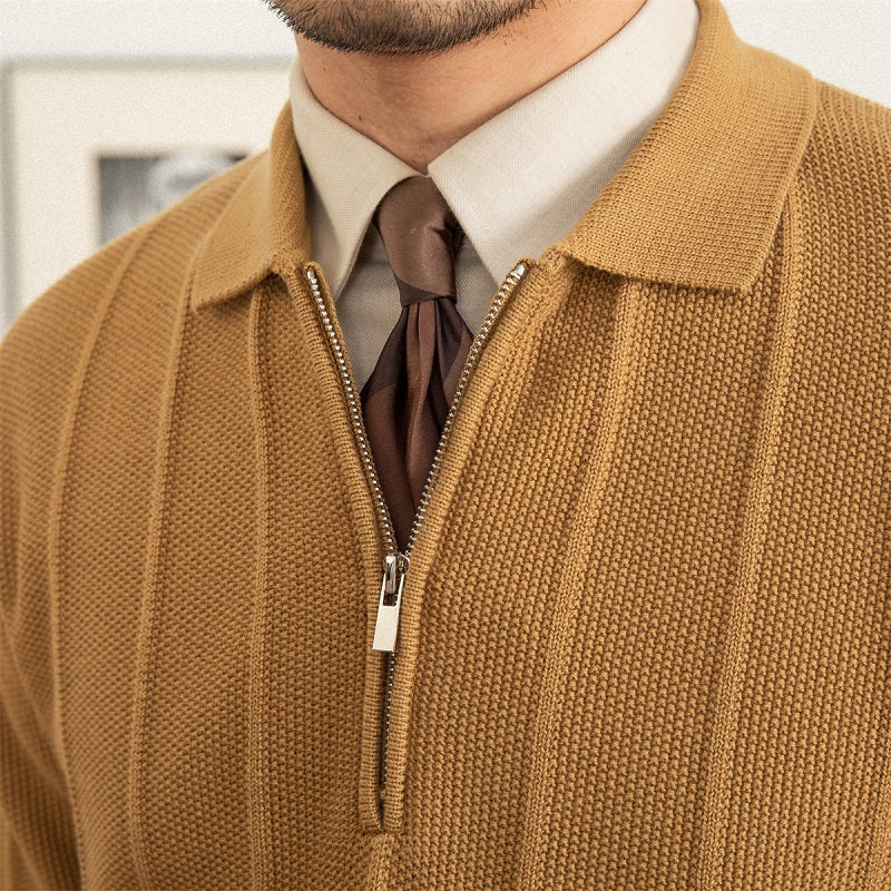 Men's Pleated Elegance Polo Half Zip Knitted Sweater
