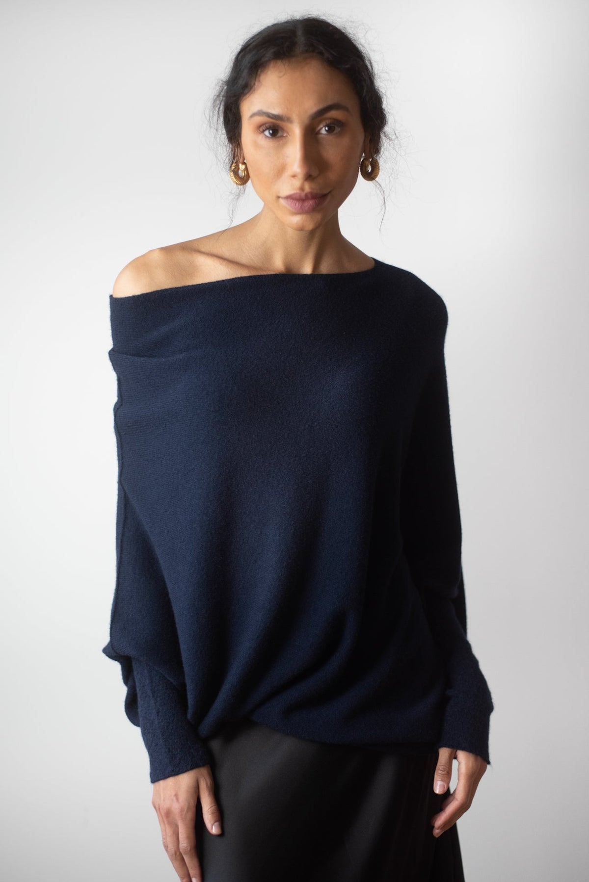 Women's Navy Asymmetrical Draped Seamless Knit Top