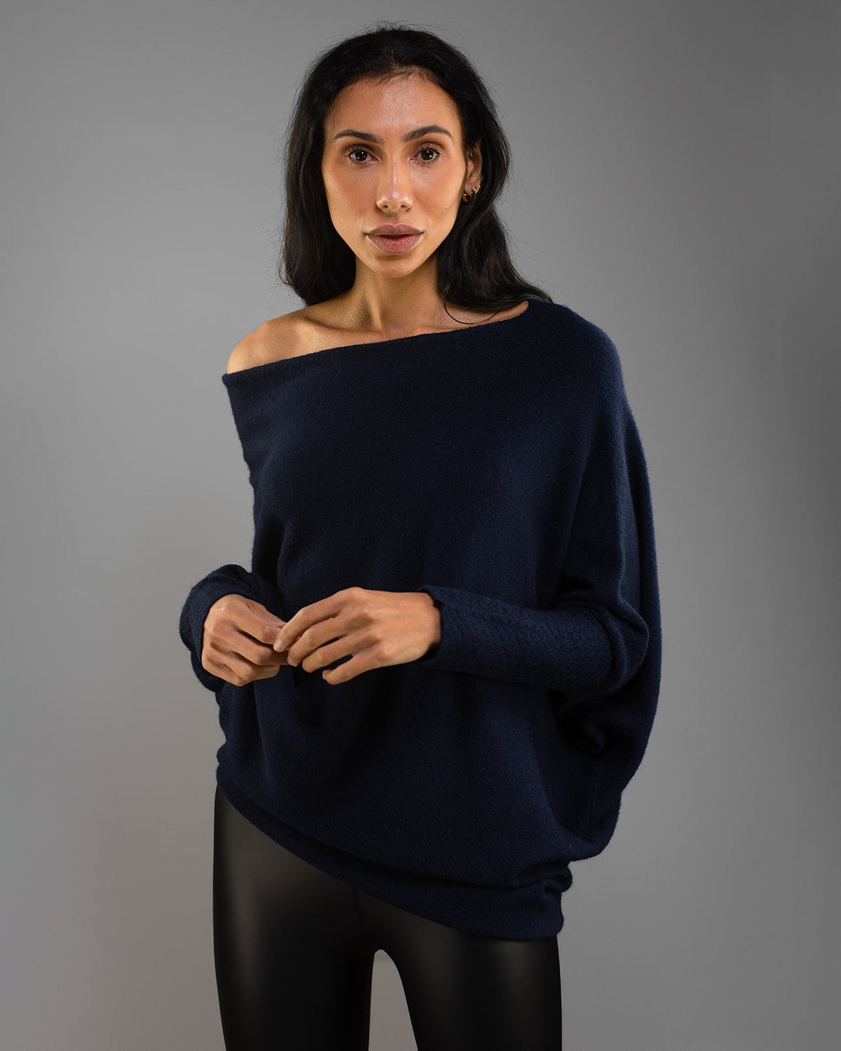 Women's Navy Asymmetrical Draped Seamless Knit Top