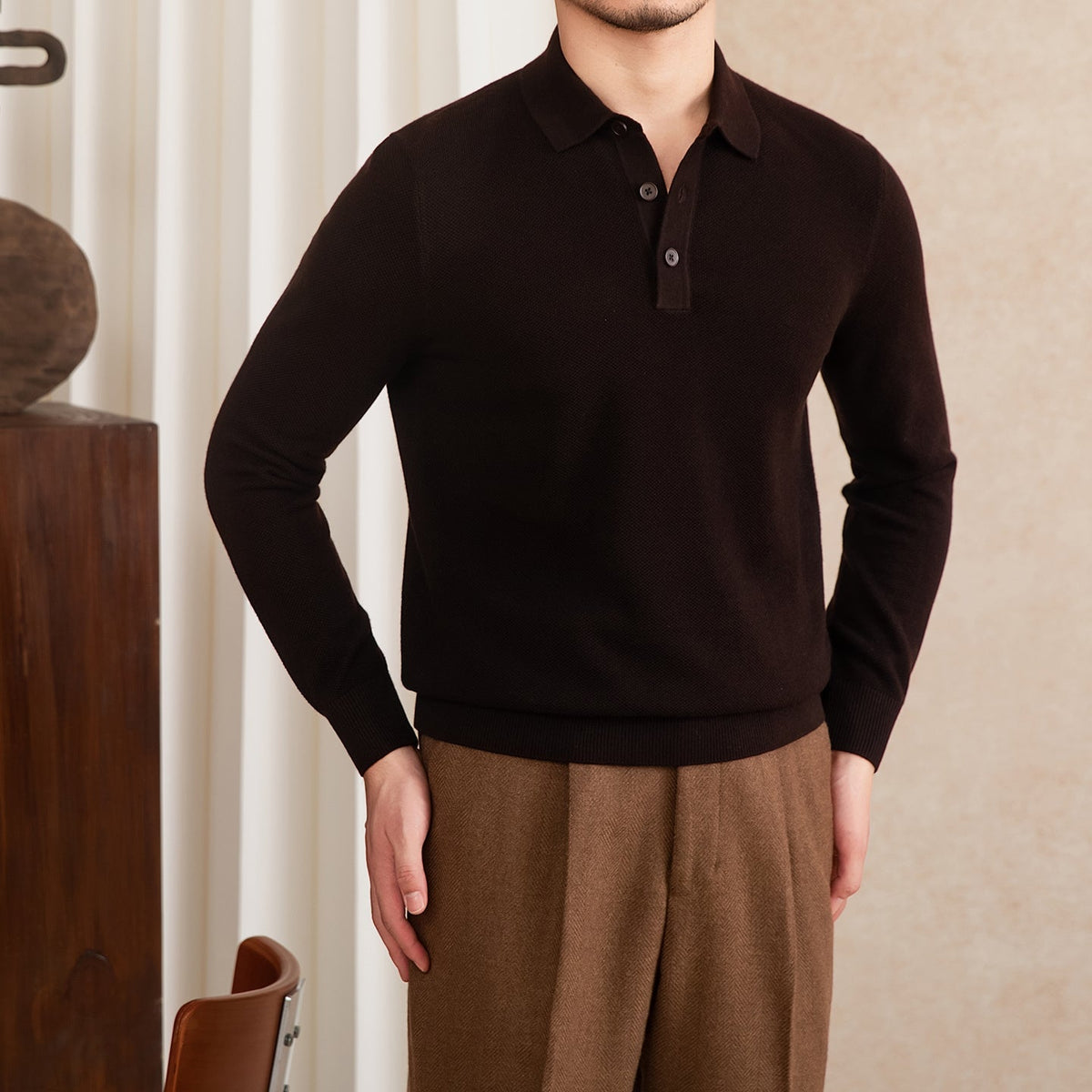 Men's Wool Blend Long Sleeve Polo Shirt