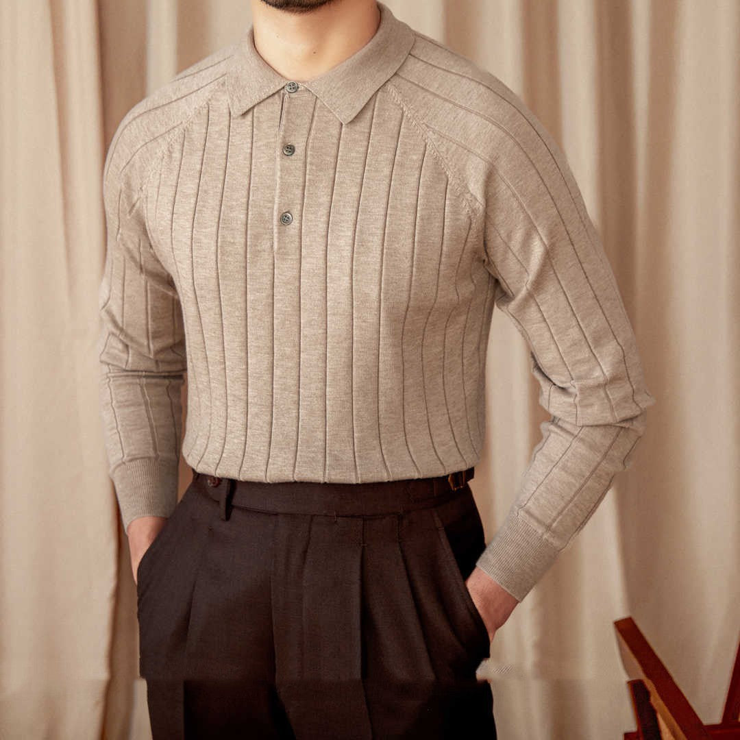 Men’s Pleated Wool Silk Blend Long Sleeve Polo Shirt