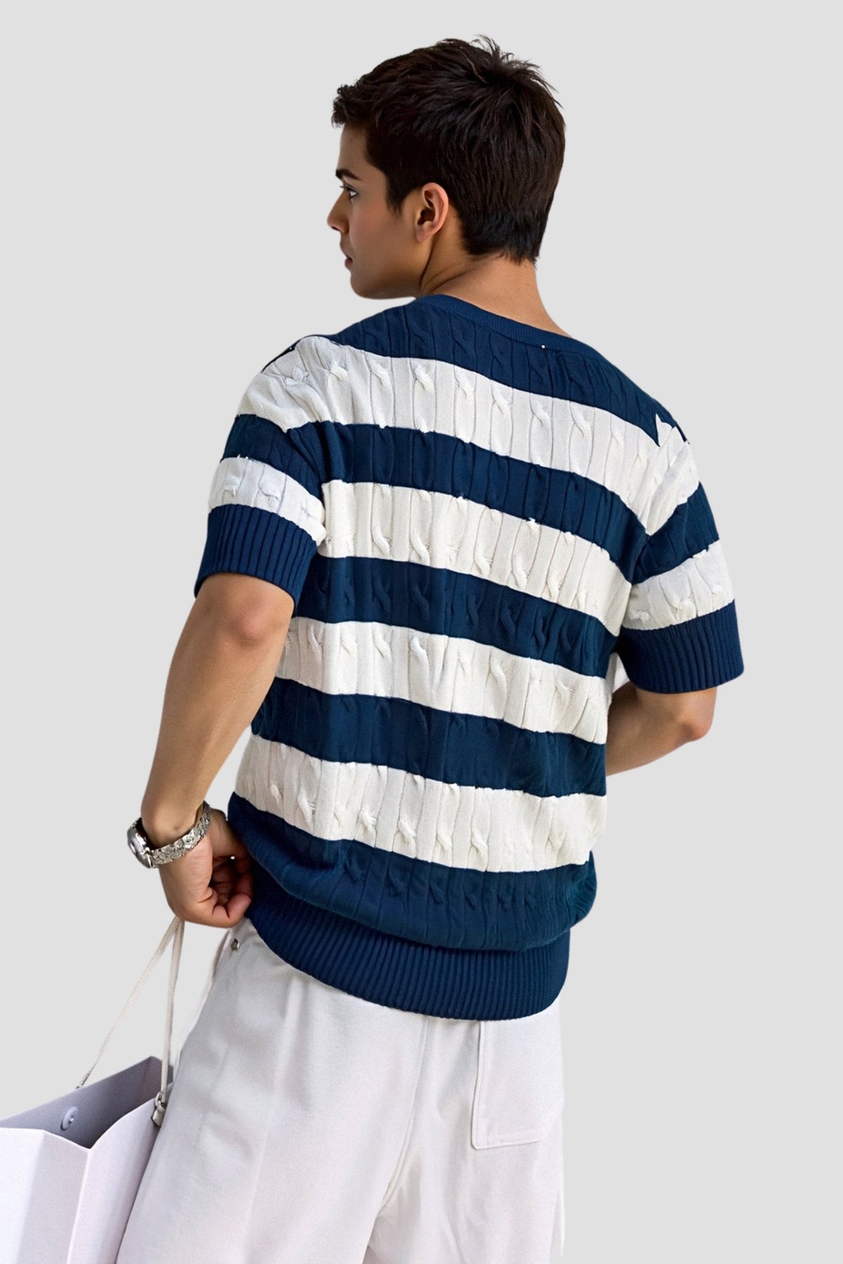 Men's Crew Neck Cable Knit Striped T-Shirt