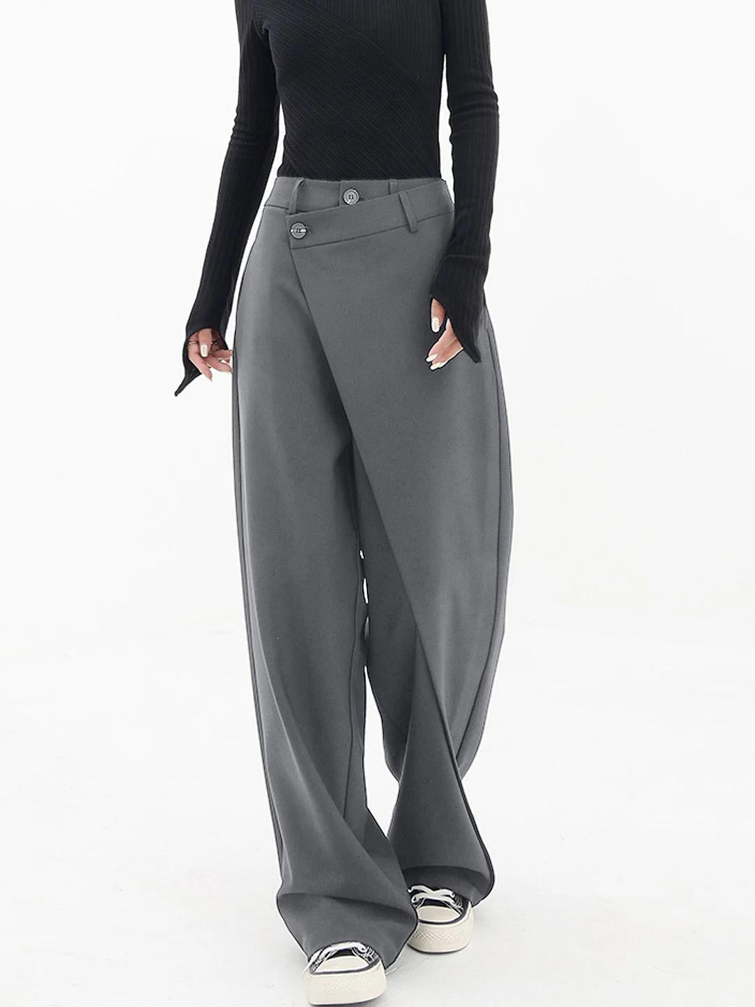 Women's Baggy Pants with Asymmetrical Waist, Wide Leg, Dropped Crotch and Button Closure