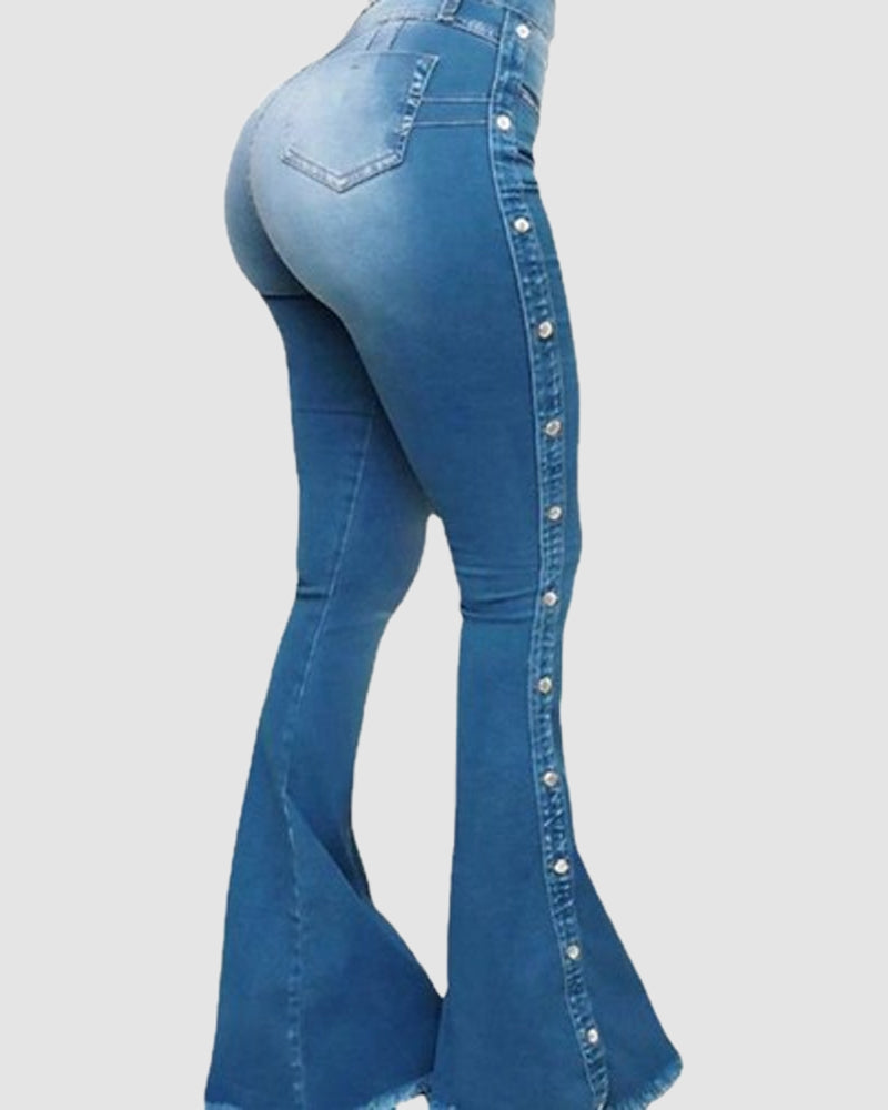 Women’s High-Waist Flared Jeans with Side Buttons, Retro Denim Trousers