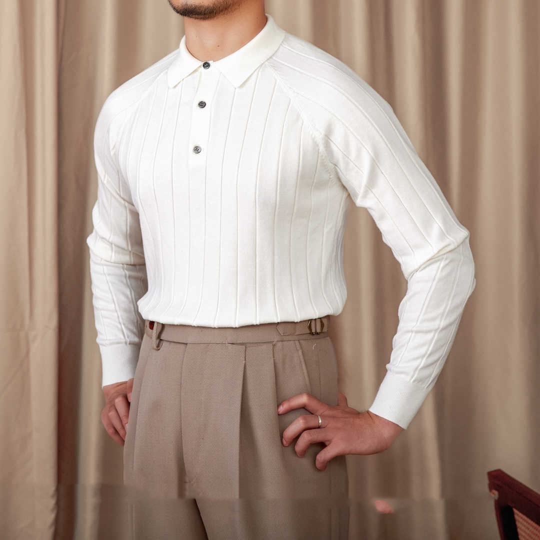 Men’s Pleated Wool Silk Blend Long Sleeve Polo Shirt