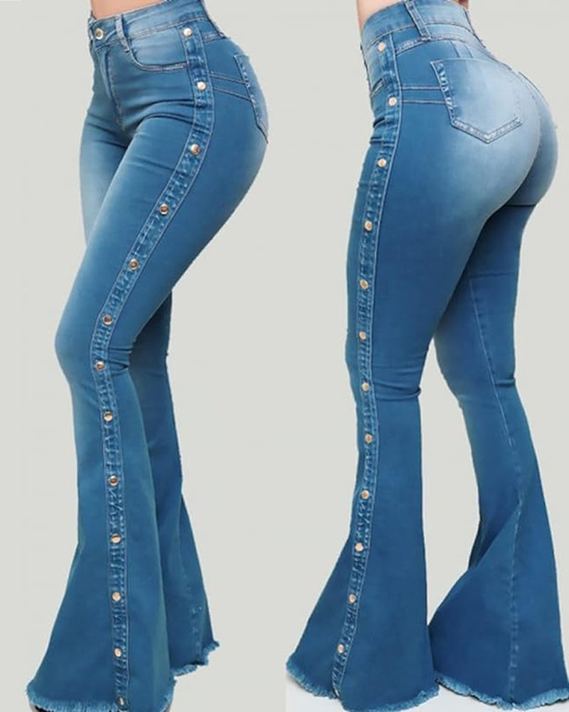 Women’s High-Waist Flared Jeans with Side Buttons, Retro Denim Trousers