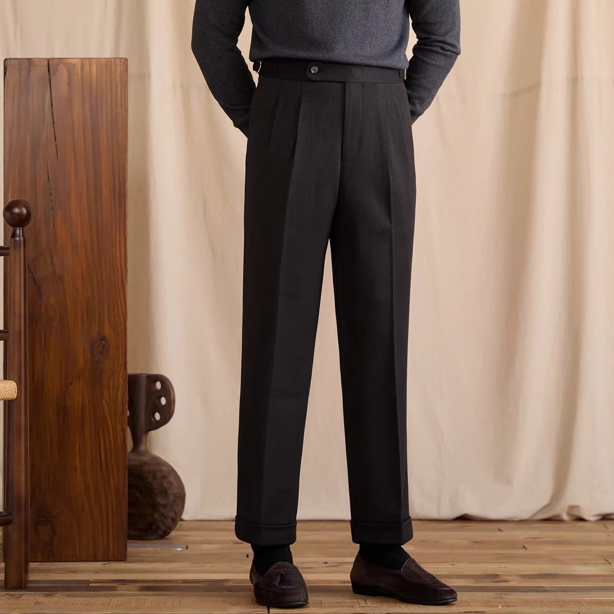 Men's Bern Wool Blend Herringbone High Waisted Trousers