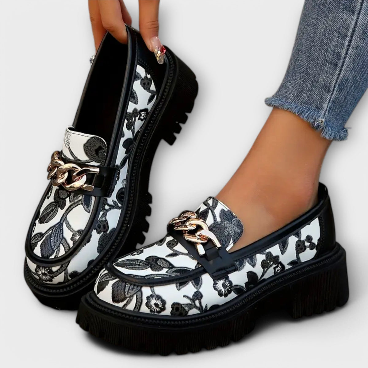 Women’s Floral Loafers with Metal Buckle, Thick Sole, Comfortable Summer Slip-On Shoes