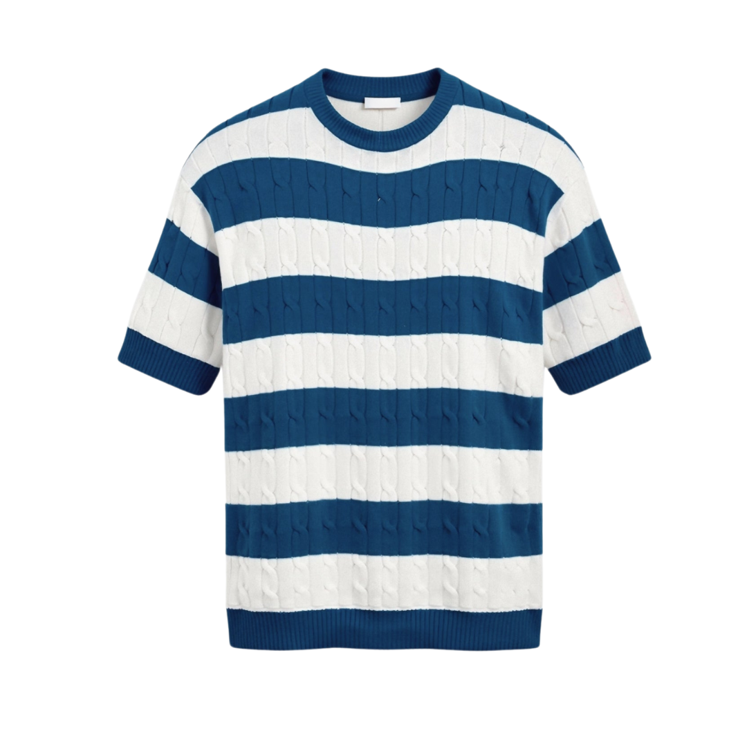 Men's Crew Neck Cable Knit Striped T-Shirt