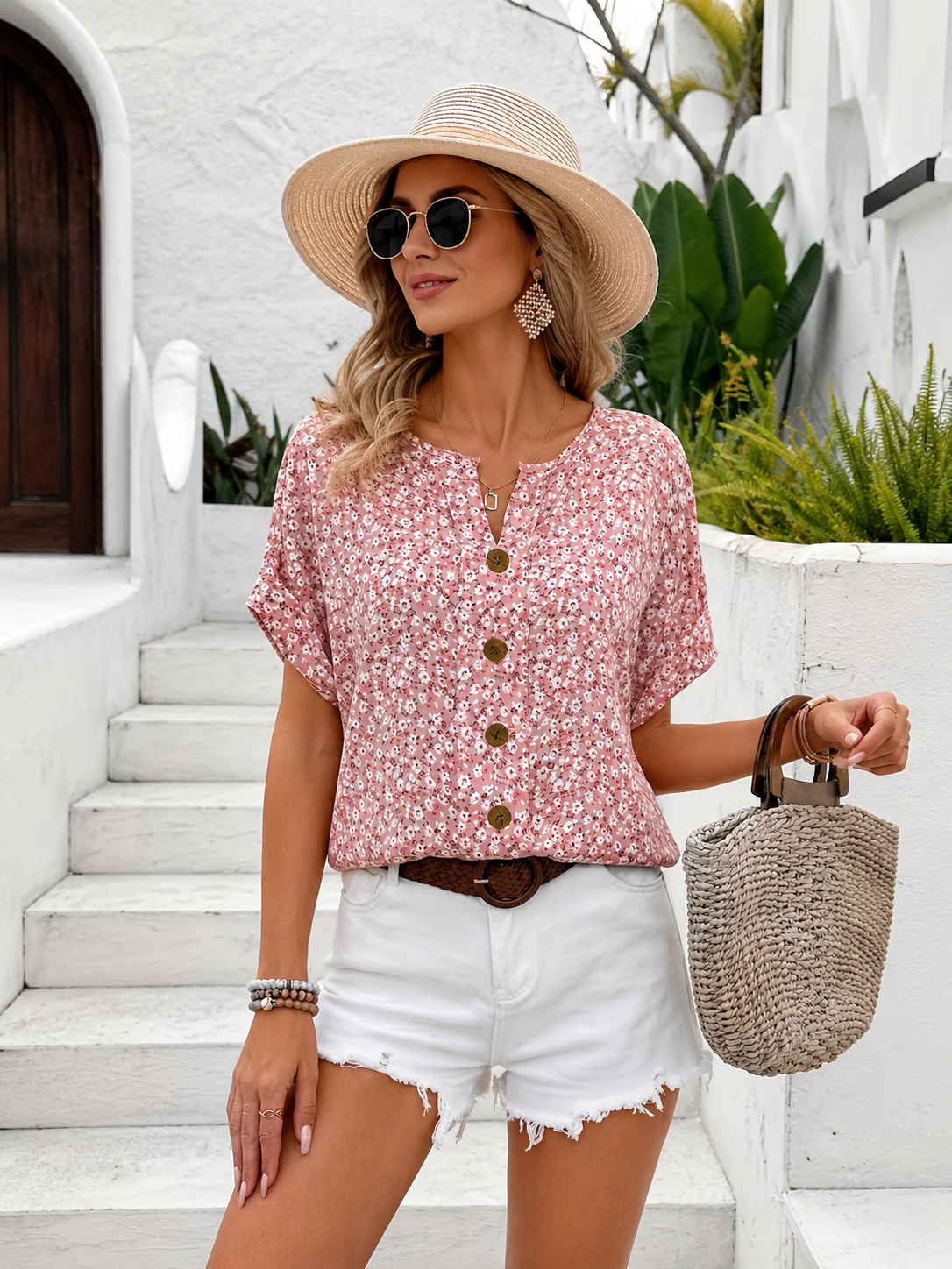 Women’s Floral Print Short Sleeve Button-Front Blouse