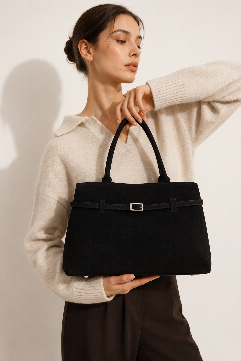 Women’s Large Faux Suede Tote Bag with Hasp Closure