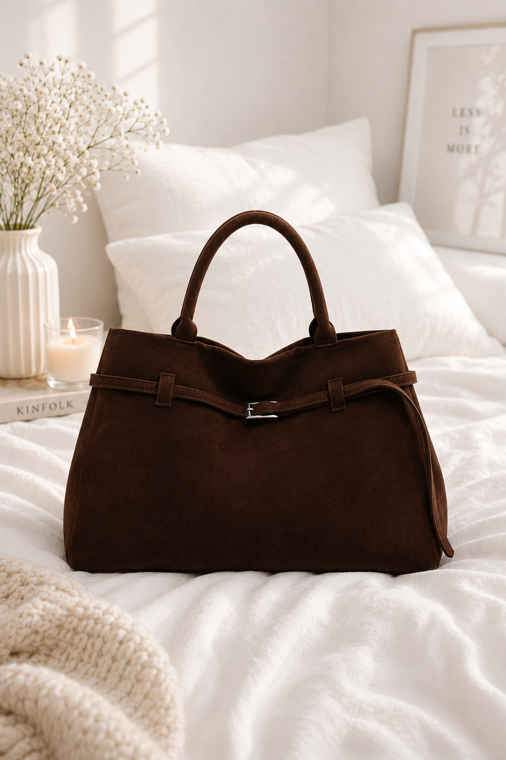 Women’s Large Faux Suede Tote Bag with Hasp Closure