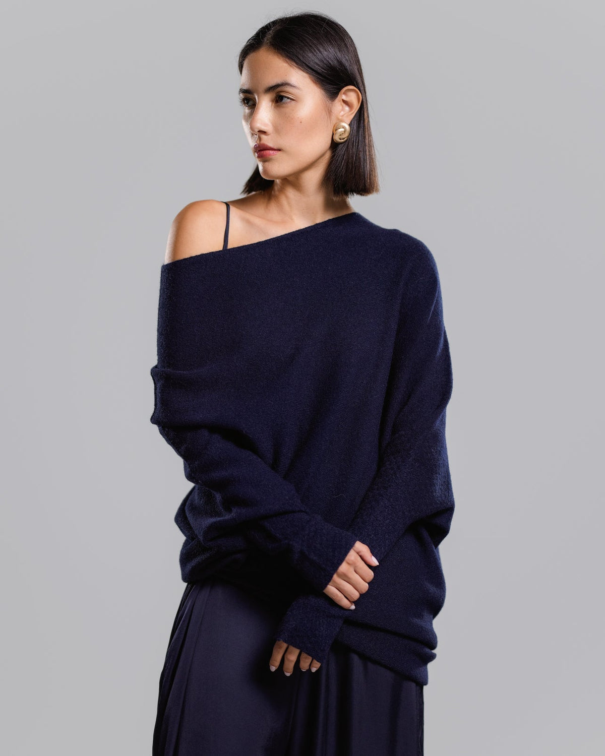 Women's Navy Asymmetrical Draped Seamless Knit Top