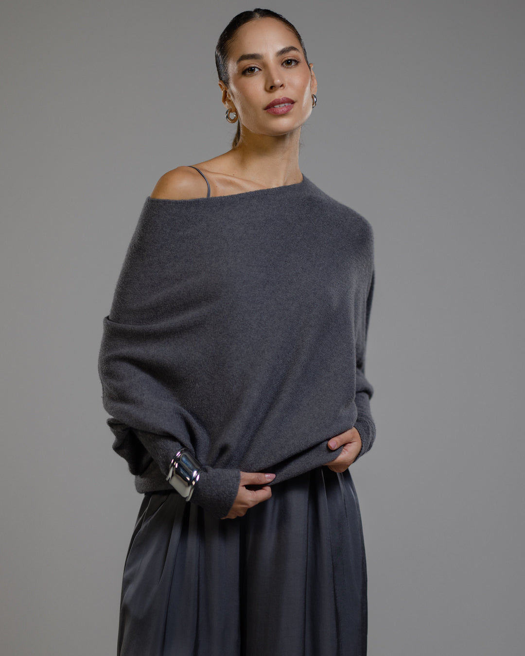 Women's Charcoal Asymmetric Draped Knit Top