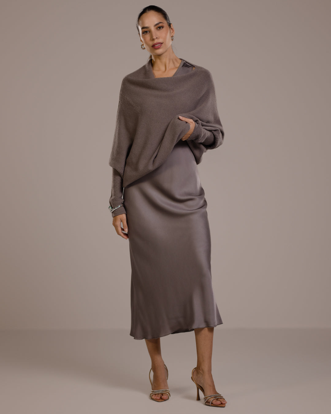 Women's Asymmetric Draped Top in Mink, Seamless Knit