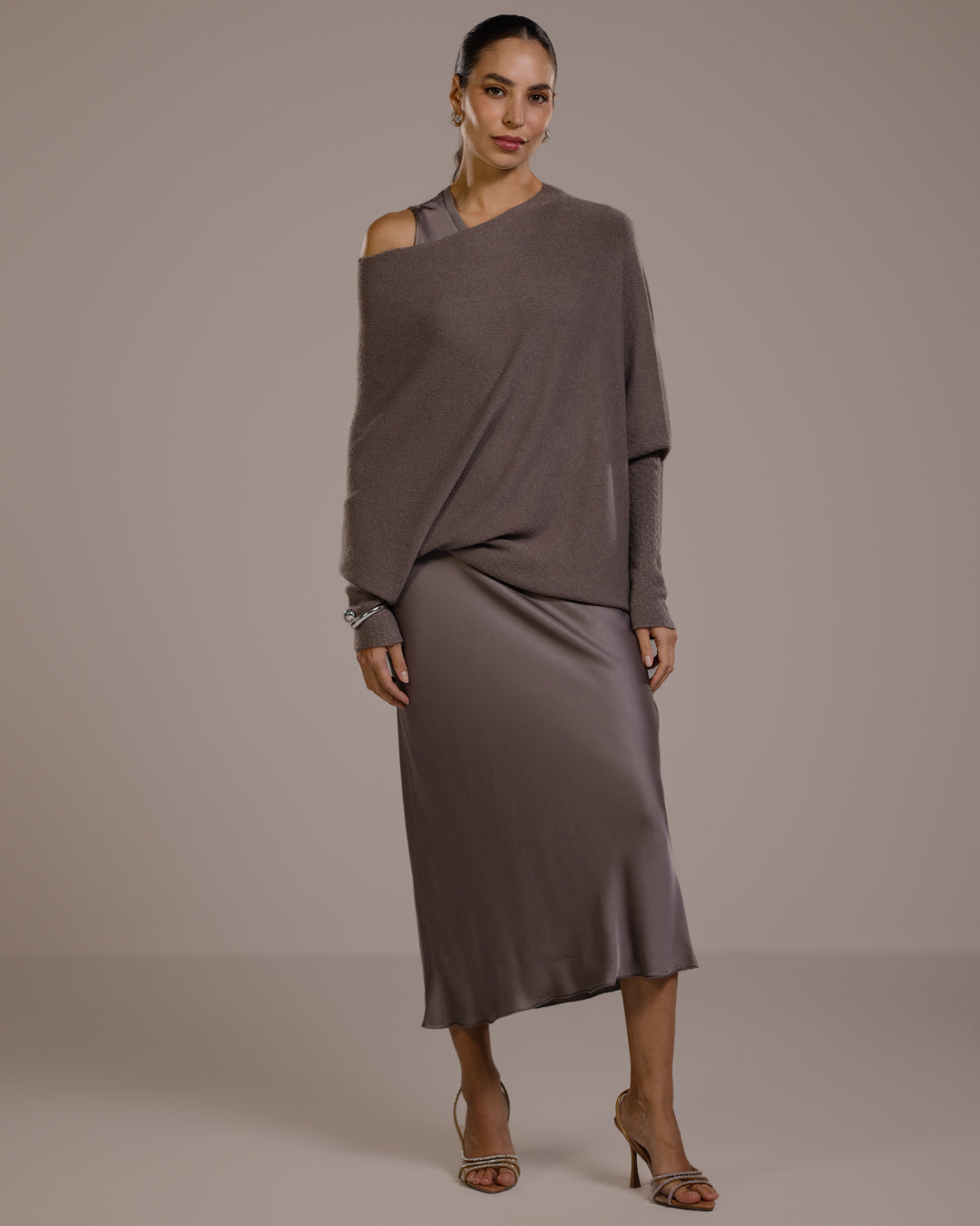 Women's Asymmetric Draped Top in Mink, Seamless Knit