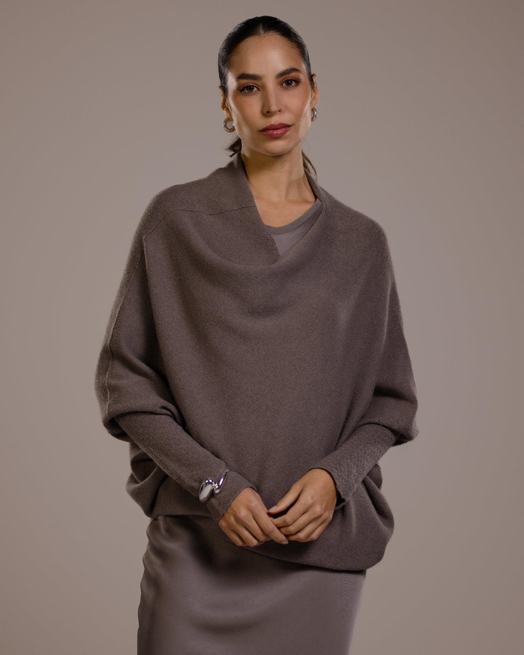 Women's Asymmetric Draped Top in Mink, Seamless Knit