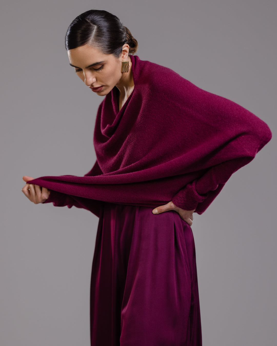 Women's Burgundy Asymmetric Draped Knit Top