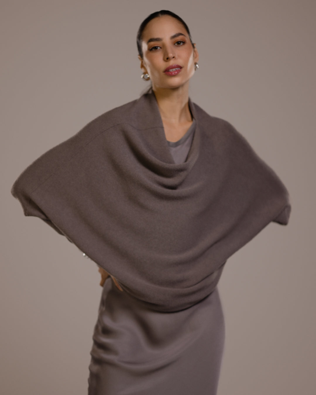 Women's Asymmetric Draped Top in Mink, Seamless Knit