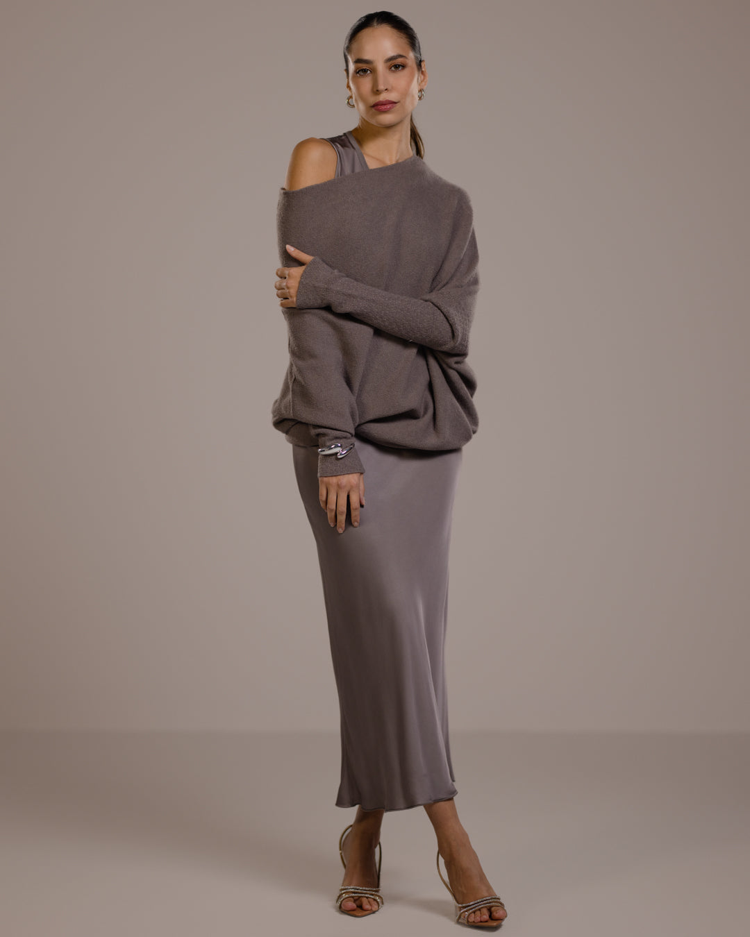 Women's Asymmetric Draped Top in Mink, Seamless Knit
