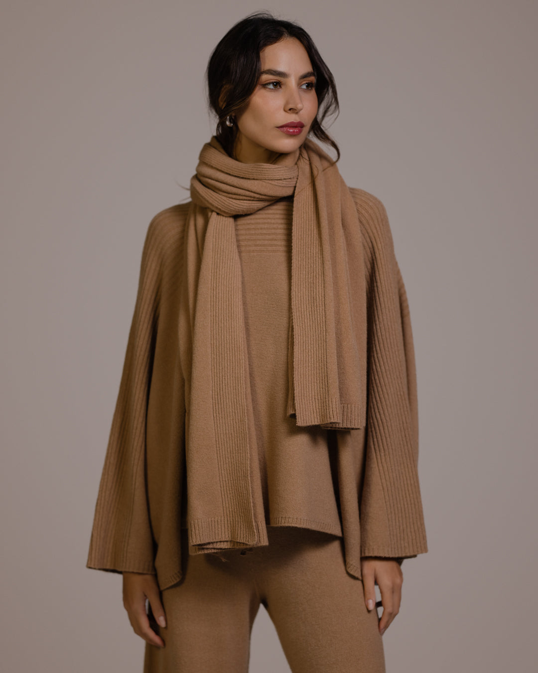 Women's Camel Ribbed Shawl, Textured Knit Wrap