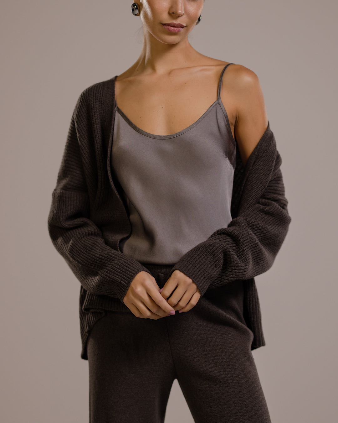 Women's Espresso Brown Open Cardigan, Cashmere-Wool Blend Knit