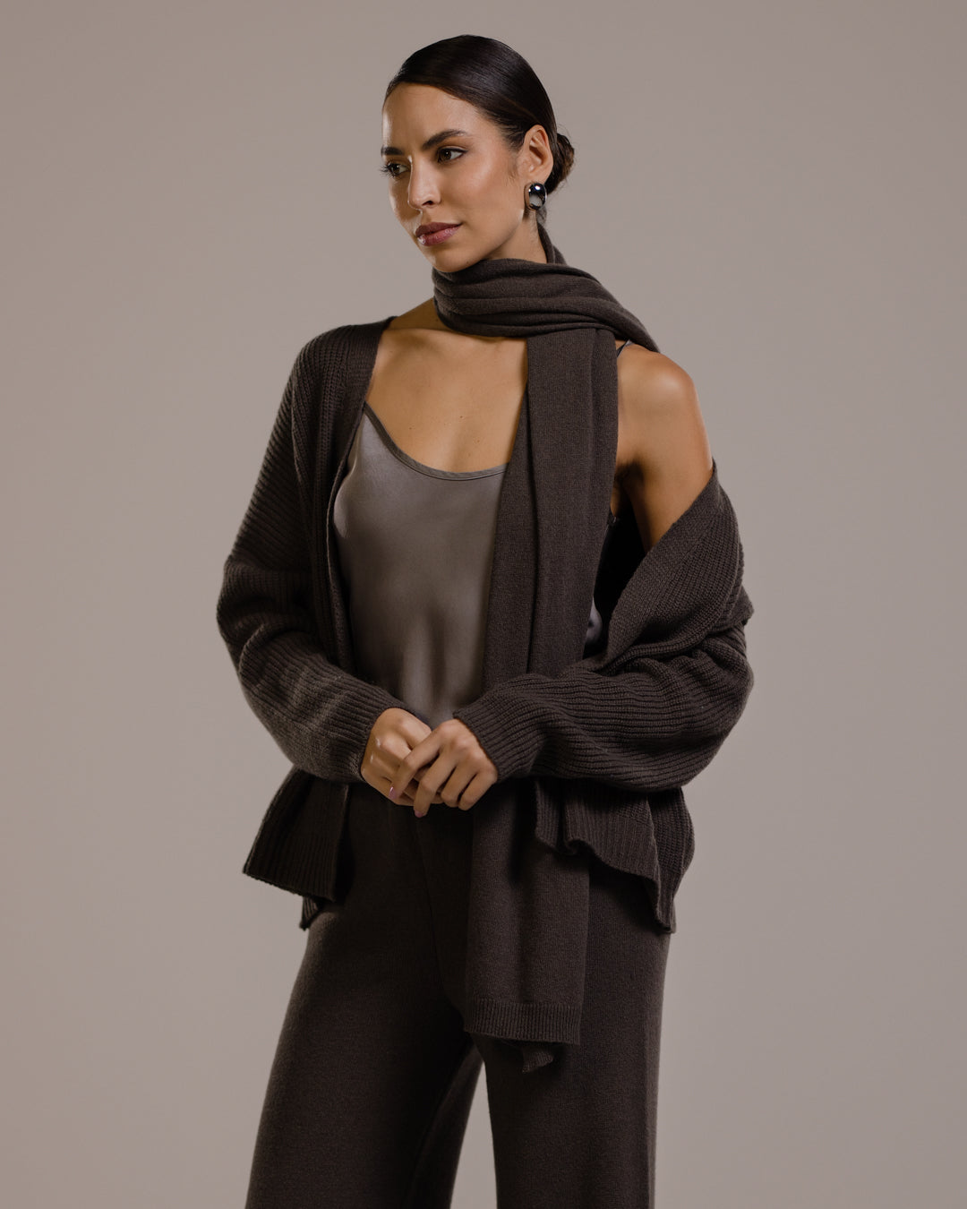 Women's Espresso Brown Open Cardigan, Cashmere-Wool Blend Knit