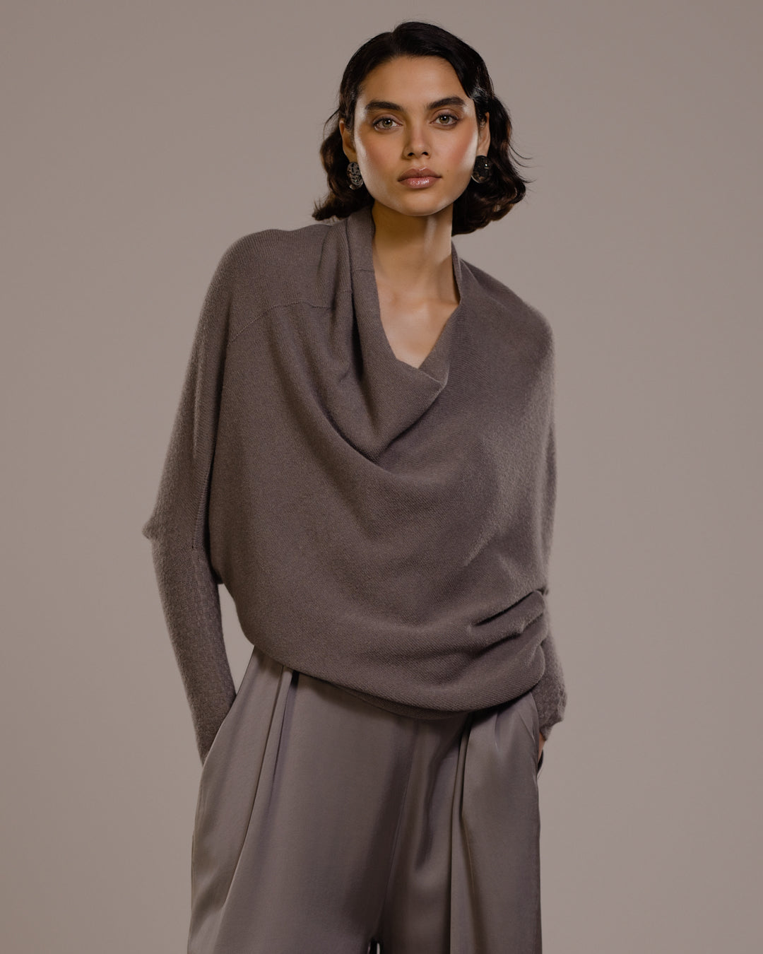 Women's Asymmetric Draped Top in Mink, Seamless Knit