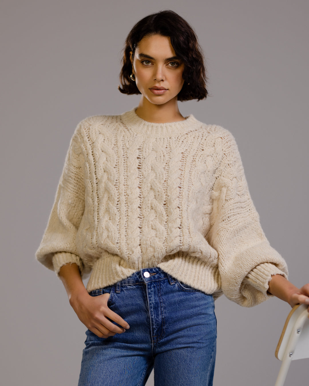 Women's Light Beige Cable Knit Sweater, Textured Knit Pullover
