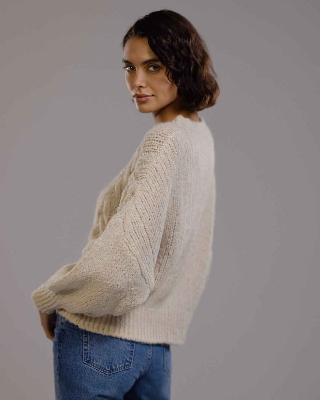 Women's Light Beige Cable Knit Sweater, Textured Knit Pullover