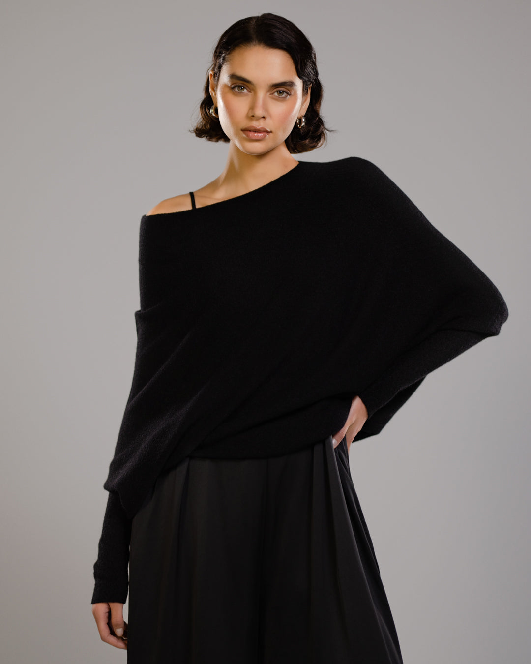 Women's Black Asymmetrical Draped Seamless Knit Top