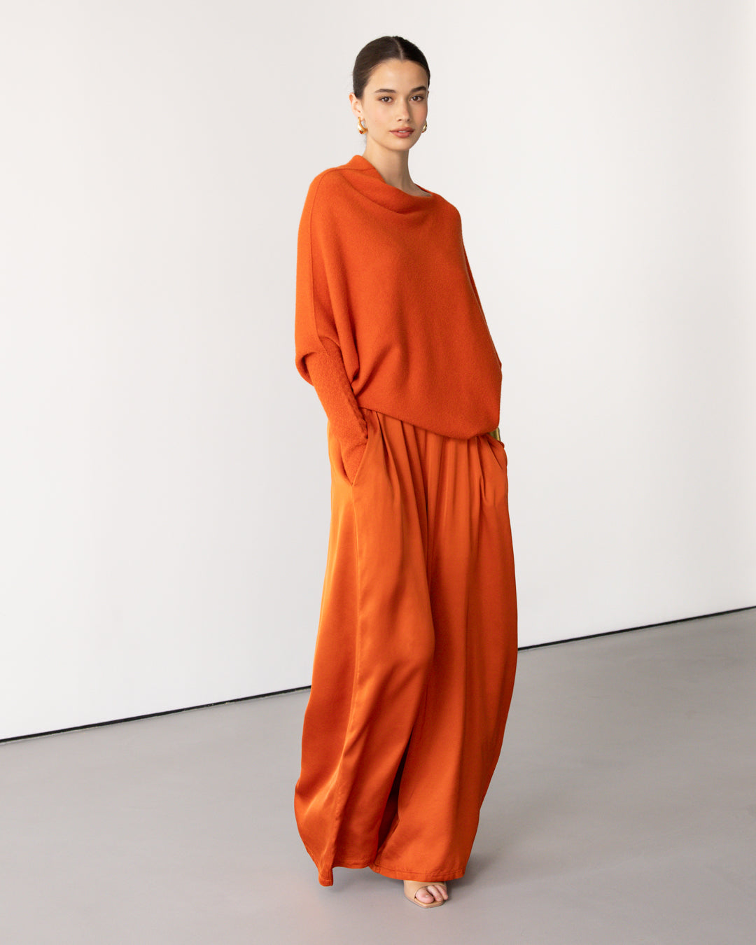 Women's Burnt Orange Asymmetrical Draped Seamless Knit Top