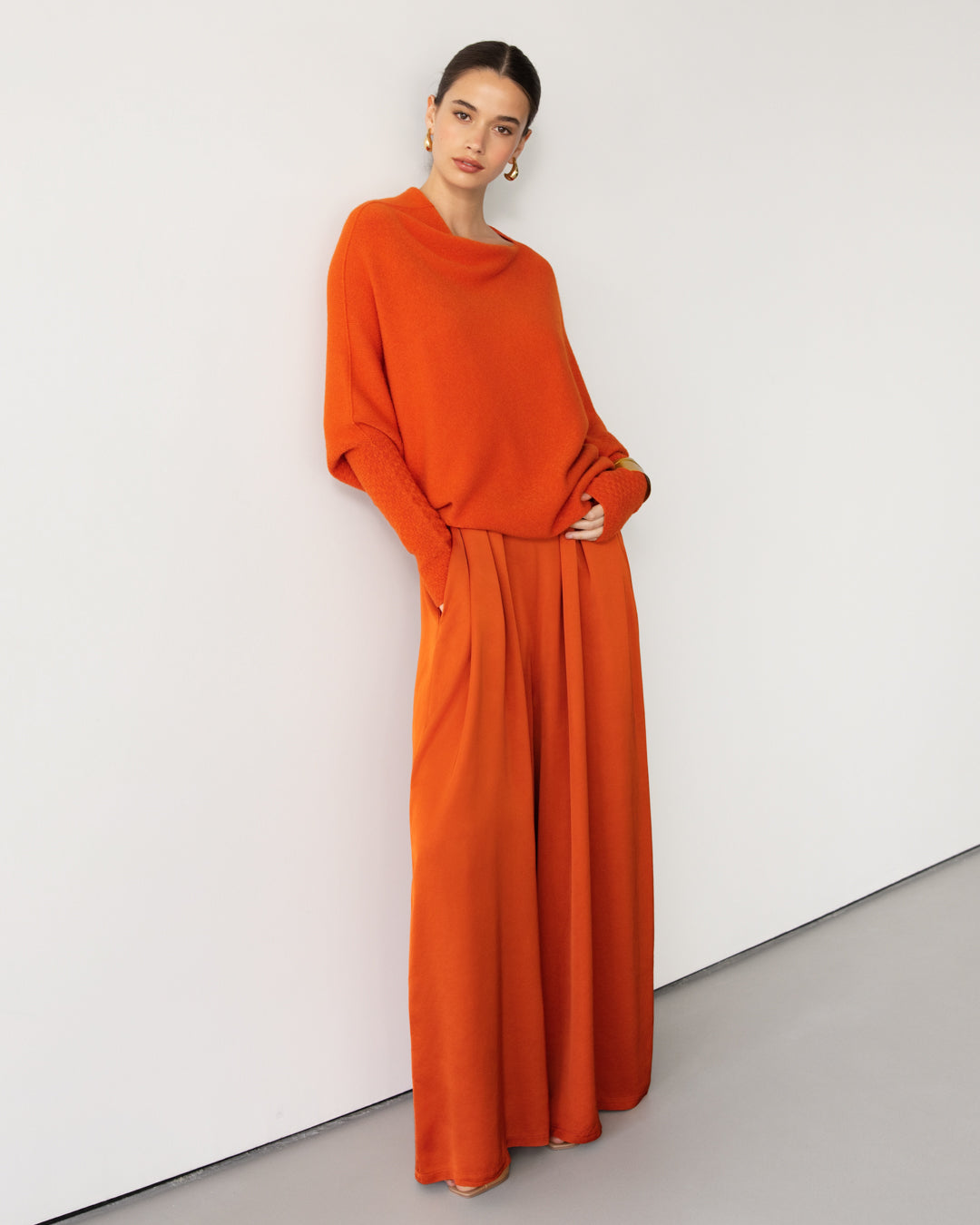 Women's Burnt Orange Asymmetrical Draped Seamless Knit Top