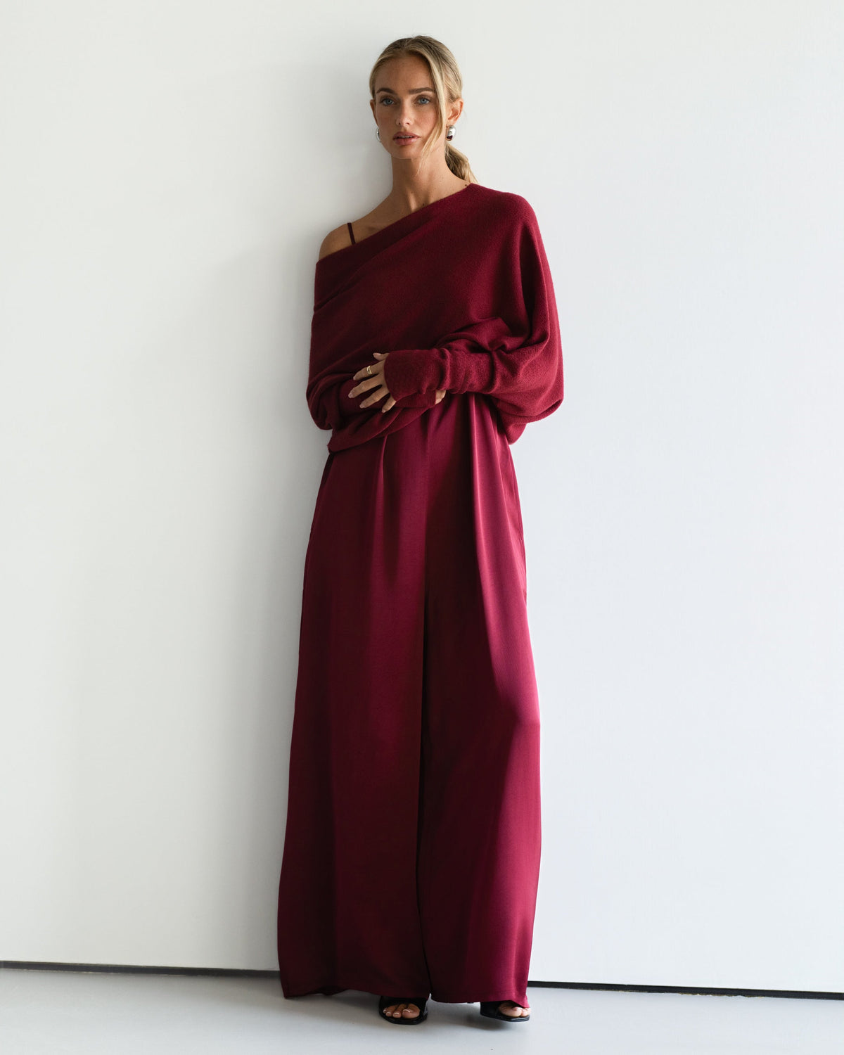 Women's Burgundy Asymmetric Draped Knit Top