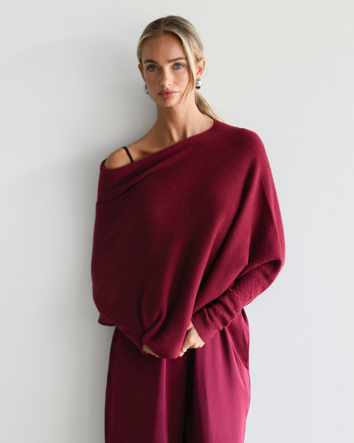 Women's Burgundy Asymmetric Draped Knit Top
