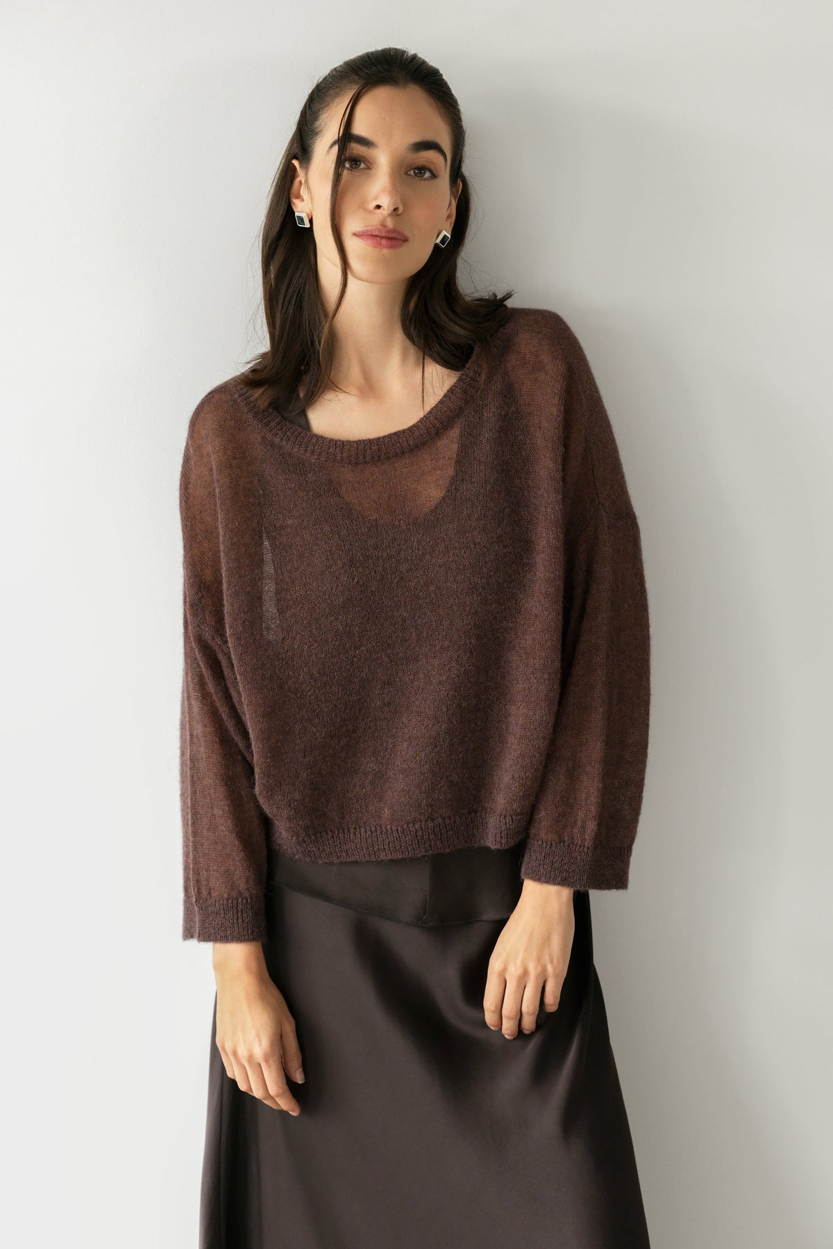 Women's Boxy Sheer Sweater Espresso Brown Alpaca Blend