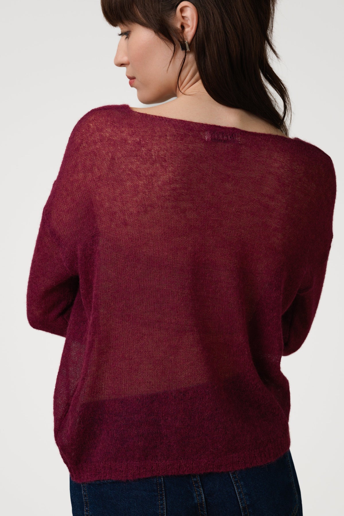Women's Burgundy Sheer Sweater, Alpaca Blend Knit Pullover